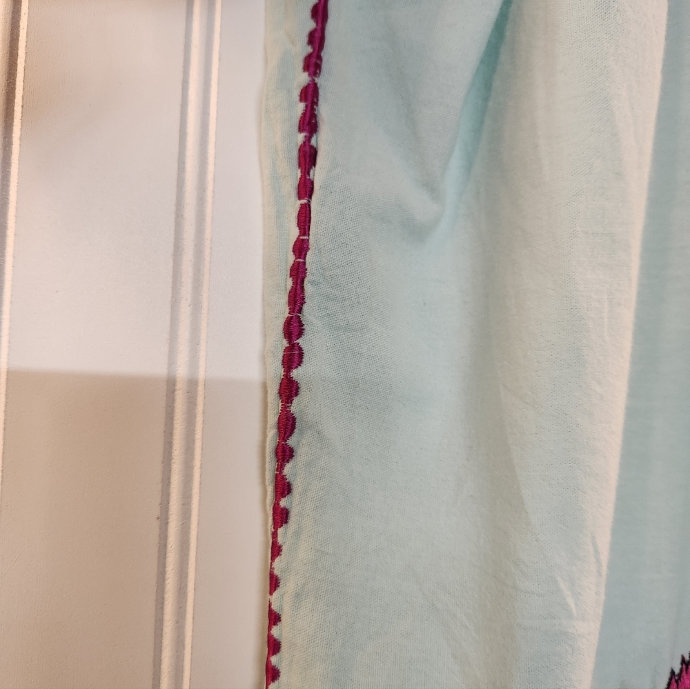 Women's Mint Embroidered Floral Arch Hem Linen Tunic Top Size L Handmade Artsy - Picture 7 of 11
